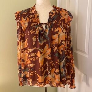 Grace + Karma chiffon wine orange floral ruffles blouse